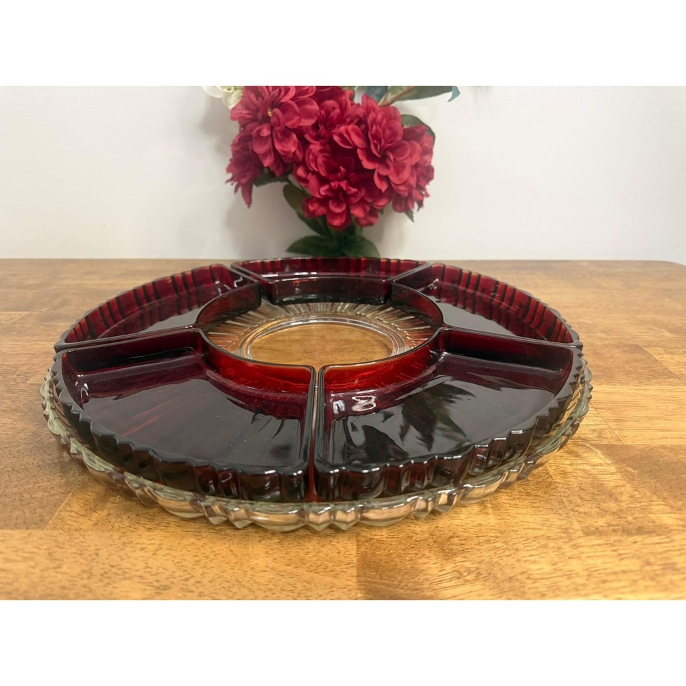 Vintage‎ Anchor Hocking Ruby Red Divided Relish Tray Chip Dip Set